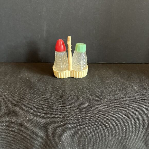 Vintage Crystal Glass Salt and Pepper Shaker with Holder Red and Green top - Picture 1 of 7